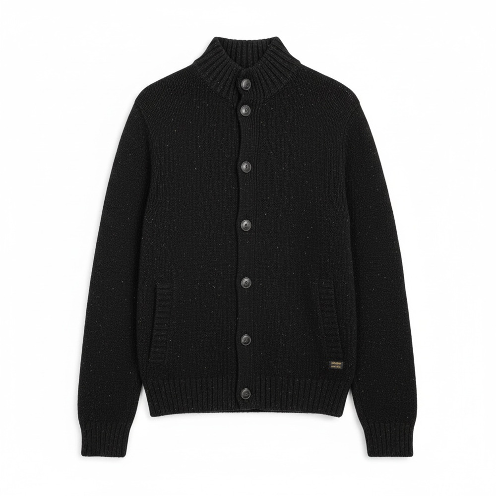 Lucky Brand Cable Knit Cardigan Sweater Men's Small Black Mock Neck Heavy